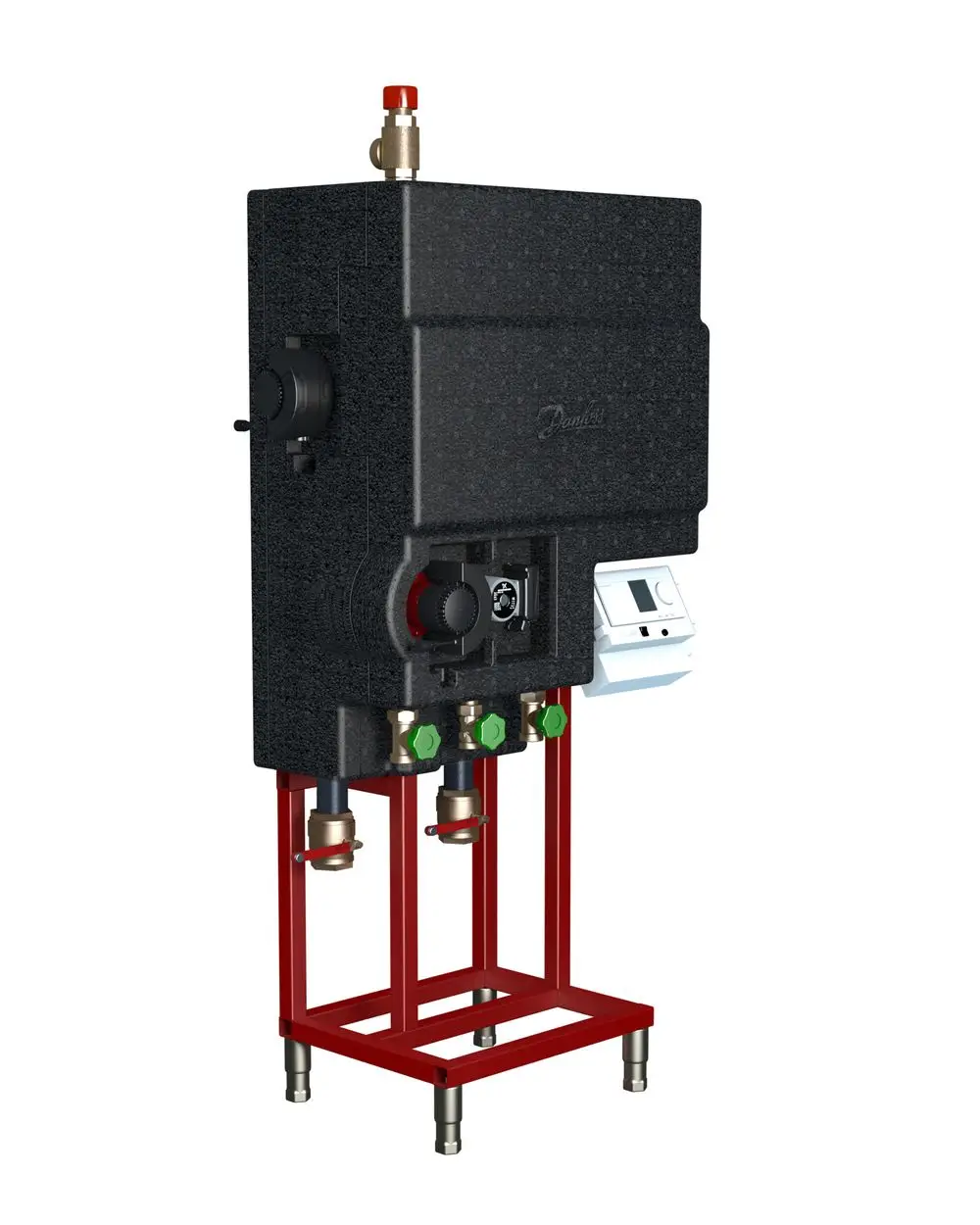 Danfoss Thermoeinheit, montiert auf rotem Gestell, mit mehreren Anschlüssen und Bedienelementen an der Vorderseite. Isolierte Oberfläche im Hintergrund.